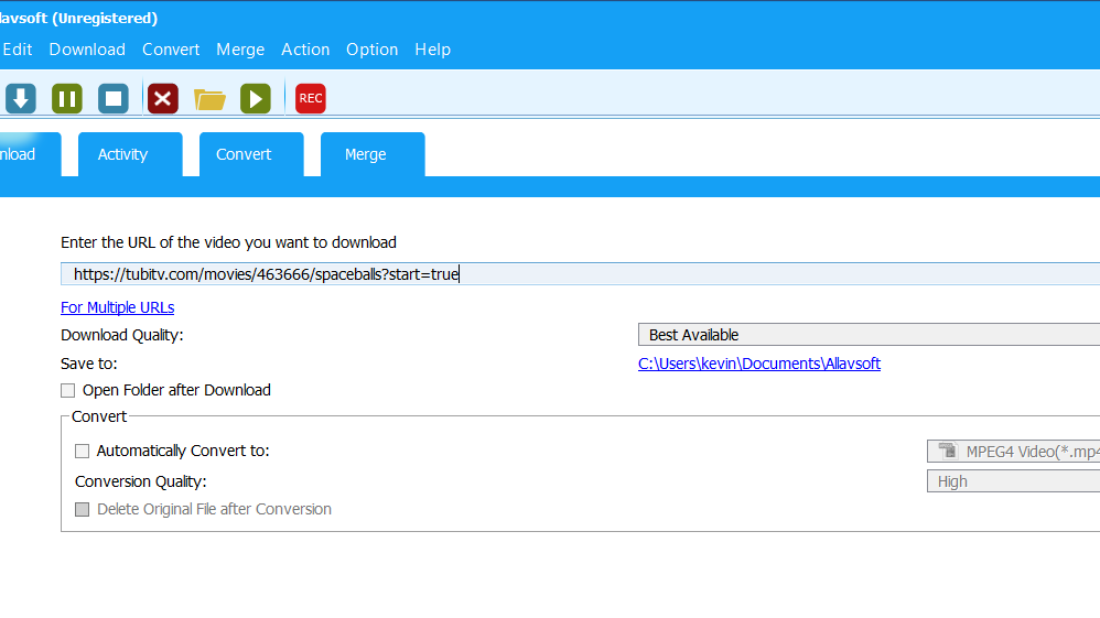 Screenshot of movie URL pasted into Allavsoft