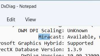 Screenshot of text file "Miracast: Available"