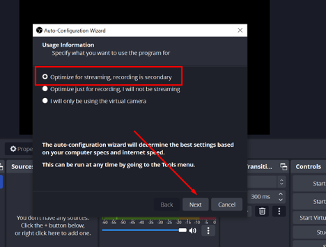 Screenshot select optimize for streaming, recording is secondary