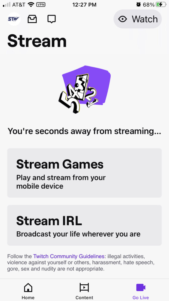 Go Live screenshot on Twitch mobile