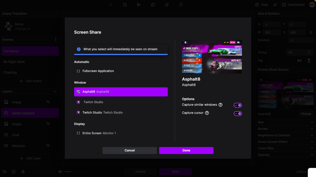 Select source (Twitch Studio for mac)