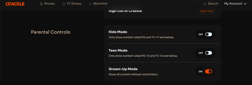 Parental controls on Crackle