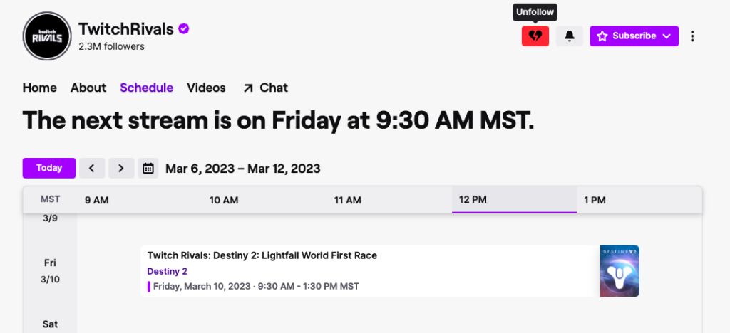 What is Twitch Rivals? Screenshot of Twitch Rivals stream schedule