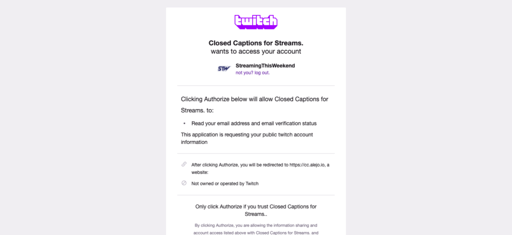 Twitch closed caption extension requires access