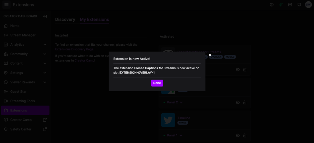Twitch closed captions extension