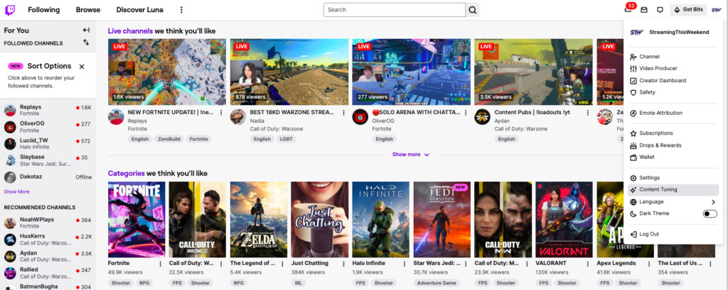 Content tuning on Twitch